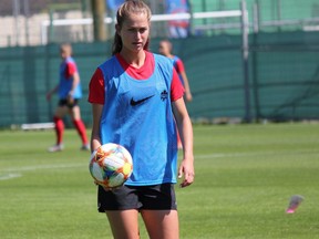 Canadian striker Jordyn Huitema holds a ball during a training session at the Complexe Sportif de Laverune in Laverune, France on Thursday June 6, 2019. Canada open the FIFA 2019 Women's World Cup against Cameroon on Monday in Montpellier, France.