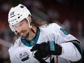 Erik Karlsson of the San Jose Sharks skates on the ice during the first period of the NHL game against the Arizona Coyotes at Gila River Arena on December 8, 2018 in Glendale, Arizona.