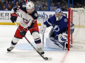 Matt Duchene of the Columbus Blue Jackets looks to shoot against Andrei Vasilevskiy #88 of the Tampa Bay Lightning during the first period in Game Two of the Eastern Conference First Round during the 2019 NHL Stanley Cup Playoffs at Amalie Arena on April 12, 2019 in Tampa, Florida.
