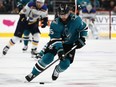 Erik Karlsson of the San Jose Sharks skates controls the puck against the St. Louis Blues in Game Five of the Western Conference Final during the 2019 NHL Stanley Cup Playoffs at SAP Center on May 19, 2019 in San Jose, California.