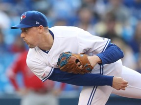Aaron Sanchez of the Toronto Blue Jays delivers a pitch in the first inning during MLB game action against the Los Angeles Angels of Anaheim at Rogers Centre on June 19, 2019 in Toronto, Canada.