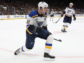 St. Louis Blues Vladimir Tarasenko celebrates his first period goal against the Boston Bruins in Game Two of the 2019 NHL Stanley Cup Final at TD Garden on May 29, 2019 in Boston. (Bruce Bennett/Getty Images)
