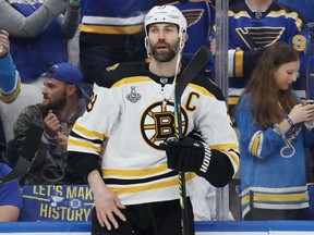 Zdeno Chara of the Boston Bruins warms up prior to Game Three of the 2019 NHL Stanley Cup Final against the St. Louis Blues at Enterprise Center on June 01, 2019 in St Louis, Missouri.