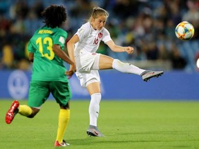 Janine Beckie of Canada shoots during the 2019 FIFA Women's World Cup France group E match between Canada and Cameroon at Stade de la Mosson on June 10, 2019 in Montpellier, France.