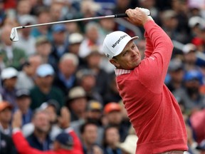 Justin Rose of England plays a shot on the 17th hole during the first round of the 2019 U.S. Open at Pebble Beach Golf Links on June 13, 2019 in Pebble Beach, California.