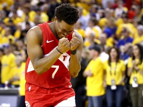 OAKLAND, CALIFORNIA - JUNE 13:  Kyle Lowry #7 of the Toronto Raptors celebrates late in the game against the Golden State Warriors during Game Six of the 2019 NBA Finals at ORACLE Arena on June 13, 2019 in Oakland, California. NOTE TO USER: User expressly acknowledges and agrees that, by downloading and or using this photograph, User is consenting to the terms and conditions of the Getty Images License Agreement. (Photo by Ezra Shaw/Getty Images) *** BESTPIX ***