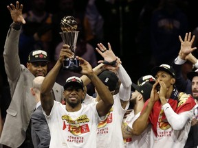 Kawhi Leonard #2 of the Toronto Raptors is awarded the MVP after his team defeated the Golden State Warriors to win Game Six of the 2019 NBA Finals at ORACLE Arena on June 13, 2019 in Oakland, California. (Photo by Lachlan Cunningham/Getty Images)