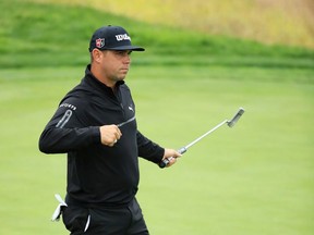 Gary Woodland of the United States reacts after a par-saving putt on the eighth hole during the second round of the 2019 U.S. Open at Pebble Beach Golf Links on June 14, 2019 in Pebble Beach, California.