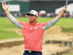 Gary Woodland celebrates on the 18th green after winning the U.S. Open at Pebble Beach Golf Links in Pebble Beach, Calif., yesterday.  Getty Images