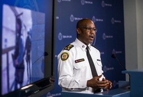 Toronto Police Chief Mark Saunders updates media Thursday’s raid in Scarborough. (Ernest Doroszuk, Toronto Sun)