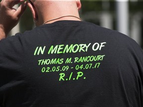 A court observer wears T-shirt to mark the death of eight-year-old Thomas Rancourt. David Sillars was convicted of impaired operation of a canoe causing death. (Stan Behal, Toronto Sun)
