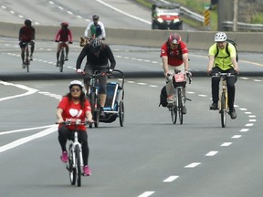 Participants in the  Manulife Heart & Stroke Ride for Heart make their way south on the Don Valley Parkway at Wynford Dr. on June 2, 2019. (Jack Boland, Toronto Sun)