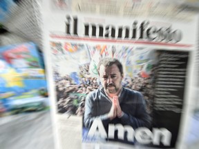 A newspaper printed with the front page image of Italian Deputy Prime Minister and League party leader Matteo Salvini is displayed at a newsstand, following the European Parliamentary election results in the rise of the far-right League party in Milan, Italy May 27, 2019. (REUTERS/Guglielmo Mangiapane/File Photo)