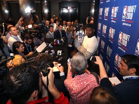Top prospect Zion Williamson speaks to the media ahead of the NBA draft, taking place tonight in New York. (GETTY IMAGES)