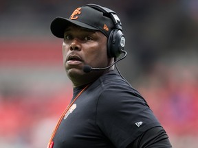 B.C. Lions head coach DeVone Claybrooks stands on the sideline during the first half of a pre-season CFL football game against the Calgary Stampeders in Vancouver on Friday June 7, 2019.