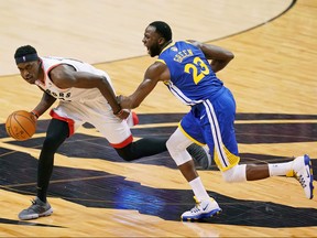 Warriors’ Draymond Green gets called for a reaching foul against Pascal Siakam on Saturday. Siakam got the better of Green in the Finals opener, but that was reversed in Game 2.                     Kyle Terada/USA TODAY