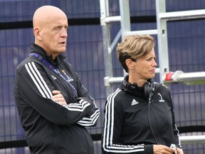 Pierluigi Collina the chairman of the FIFA Referees Committee, left, and FIFA Senior Refereeing Manager Kari Seitz look on during a referee practice at the FIFA Referees Media Day at the Institut National du Sport, de l'Expertise et de la Performance (INSEP) in Paris, France for the upcoming 2019 FIFA Women's World Cup on June 4, 2019.