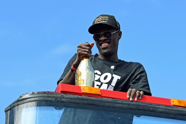 Toronto Raptor forward Pascal Siakam celebrates during the Toronto Raptors Championship Parade on Lakeshore Boulevard. Gerry Angus-USA TODAY Sports