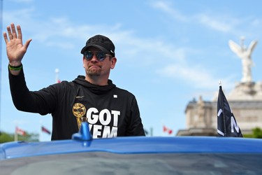 Raptors head coach Nick Nurse celebrates during the Toronto Raptors Championship Parade on Lakeshore Boulevard.  Gerry Angus-USA TODAY Sports