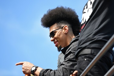 Toronto Raptor guard Danny Green gestures to a fan during the Toronto Raptors Championship Parade on Lakeshore Boulevard. Gerry Angus-USA TODAY Sports