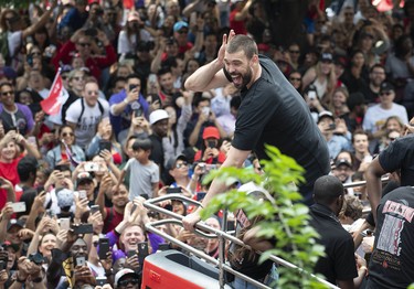Raptors centre Marc Gasol calls out to the crowd while on the bus at the Toronto Raptors Championship Parade. Nick Turchiaro-USA TODAY Sports