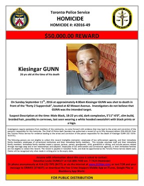 The Toronto Police’s news release of a $50,000 reward for information leading to the killer of Kiesingar Gunn.