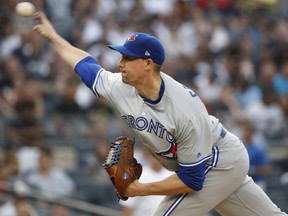 Blue Jays starter Aaron Sanchez pitches against the Yankees during first inning MLB action at Yankee Stadium in New York City on Monday, June 24, 2019.