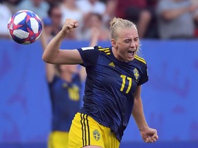Sweden's forward Stina Blackstenius celebrates at the end of the France 2019 Women's World Cup quarter-final football match between Germany and Sweden, on June 29, 2019, at the Roazhon park stadium in Rennes, north western France.