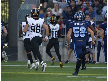 Toronto Argonauts try to chase down Hamilton Tiger Cats Brandon Banks WR (16) who scored a touchdown after a wayward field goal attempt by the Toronto Argos during the fourth quarter in Toronto, Ont. on Saturday June 22, 2019. Jack Boland/Toronto Sun/Postmedia Network