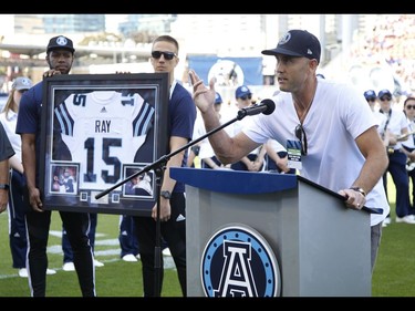 Toronto Argonauts quarterback Ricky Ray acknowledges the crowd in a pre-game ceremony for his retitrement  Toronto, Ont. on Saturday June 22, 2019. Jack Boland/Toronto Sun/Postmedia Network
