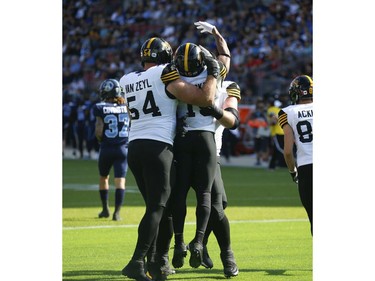 Hamilton Tiger Cats Tucker WR (15) celebrates the first touchdown of the game during the first half in Toronto, Ont. on Saturday June 22, 2019. Jack Boland/Toronto Sun/Postmedia Network