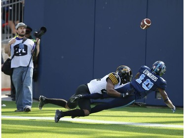 Toronto Argonauts Armanti Edwards WR (10) dives for the ball but comes up short during the first quarter in Toronto, Ont. on Saturday June 22, 2019. Jack Boland/Toronto Sun/Postmedia Network