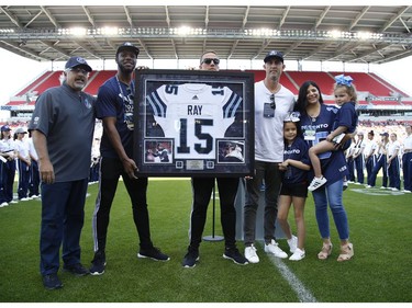 Toronto Argonauts quarterback Ricky Ray acknowledges the crowd in a pre-game ceremony for his retitrement  Toronto, Ont. on Saturday June 22, 2019. Jack Boland/Toronto Sun/Postmedia Network