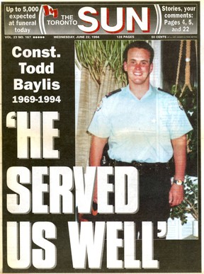 Titelseite der Toronto Sun für Mittwoch, den 22. Juni 1994. „Er hat uns gut gedient.“  Konst.  Todd Baylis 1969-1994.