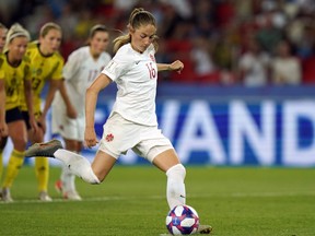 Canada forward Janine Beckie kicks a penalty during the France 2019 Women's World Cup round of sixteen football match between Sweden and Canada, on June 24, 2019, at the Parc des Princes stadium in Paris.
