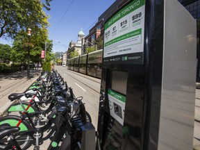 A mostly working screen at a Bike Share Toronto dock on King St. E., between Jarvis St. and Church St. in downtown Toronto, Ont. on Wednesday, June 12, 2019. (Ernest Doroszuk/Toronto Sun/Postmedia)