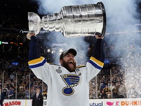 Alex Pietrangelo of the St. Louis Blues celebrates with the Stanley Cup after defeating the Boston Bruins in Game 7  at TD Garden on June 12, 2019 in Boston. (Bruce Bennett/Getty Images)