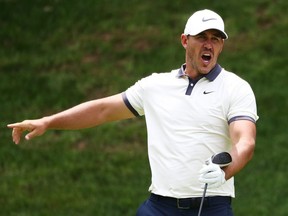 Brooks Koepka reacts to his shot from the 15th tee during the third round of the Travelers Championship at TPC River Highlands in Cromwell, Conn., on June 22, 2019.