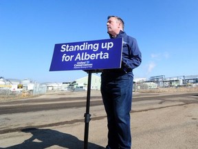 United Conservative Leader Jason Kenney details the "UCP Fight Back Strategy" against foreign anti-oil special interests, in front of the Trans Mountain Edmonton Terminal in Edmonton, Alberta, Canada, March 22, 2019.