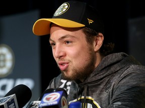 Charlie McAvoy of the Boston Bruins speaks during Media Day ahead of the Stanley Cup final at TD Garden on May 26, 2019 in Boston. (Bruce Bennett/Getty Images)