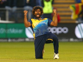 Sri Lanka's Lasith Malinga celebrates taking the wicket of Afghanistan's Hamid Hasan for six runs during the 2019 Cricket World Cup at Sophia Gardens stadium in Cardiff on June 4, 2019. (GEOFF CADDICK/AFP/Getty Images)
