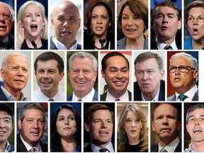 Twenty 2020 Democratic presidential candidates who will participate in the party's first debate in Miami later this month in a combination file photos (L-R top row): U.S. Senators Bernie Sanders, Kirsten Gillibrand, Cory Booker, Kamala Harris, Amy Klobuchar, Michael Bennet, and Elizabeth Warren. (L-R middle row): Former U.S. Vice President Joe Biden, Mayor Pete Buttigieg, New York City Mayor Bill de Blasio, former HUD Secretary Julian Castro, Former Gov. John Hickenlooper, and Gov. Jay Inslee. (L-R bottom row): Entrepreneur Andrew Yang, U.S. Representatives Tim Ryan, Tulsi Gabbard, Eric Swalwell, Author Marianne Williamson, Former Representatives John Delaney and Beto O'Rourke. (REUTERS)