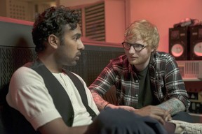 Himesh Patel, left, plays a singer who gets a career boost from Ed Sheeran (playing himself) in “Yesterday.” Jonathan Prime, Universal Pictures
