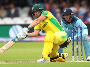 Australia's Aaron Finch bats during his team's game against England in the Cricket World Cup on June 25, 2019 at Lord's Cricket Ground in London. (PETER CZIBORRA/Reuters)