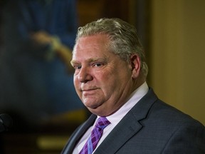 Ontario Premier Doug Ford and Minister of Municipal Affairs and Housing Steve Clark (not pictured), address media outside of the Premier's office at Queen's Park in Toronto, Ont., on Monday, May 27, 2019. (Ernest Doroszuk/Toronto Sun/Postmedia)