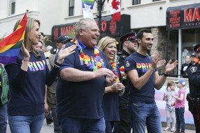 Ontario Premier Doug Ford attends the York Pride parade in Newmarket on Saturday, June 15, 2019. (Veronica Henri/Toronto Sun/Postmedia Network)