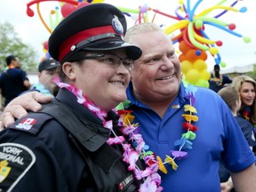 Ontario Premier Doug Ford attends the York Pride parade in Newmarket on Saturday, June 15, 2019. (Veronica Henri/Toronto Sun/Postmedia Network)
