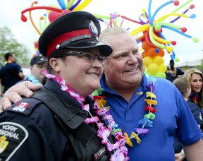 Ontario Premier Doug Ford attends the York Pride parade in Newmarket on Saturday, June 15, 2019. (Veronica Henri/Toronto Sun/Postmedia Network)