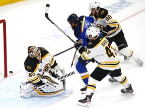 Tuukka Rask of the Boston Bruins makes a save against Ryan O'Reilly of the St. Louis Blues in Game 4 of the 2019 Stanley Cup Final at Enterprise Center on June 3, 2019 in St Louis. (Dilip Vishwanat/Getty Images)