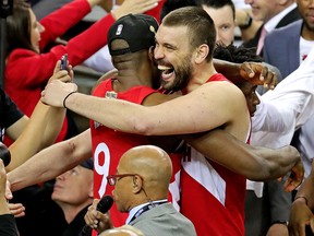 Toronto Raptors centre Marc Gasol and teammate Serge Ibaka (9) celebrate winning the NBA championship at Oracle Arena. (Sergio Estrada-USA TODAY Sports)